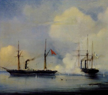 Buque de guerra Painting - Acción entre el vapor ruso Vladimir y el turco Pervaz en los buques de guerra de Bahri